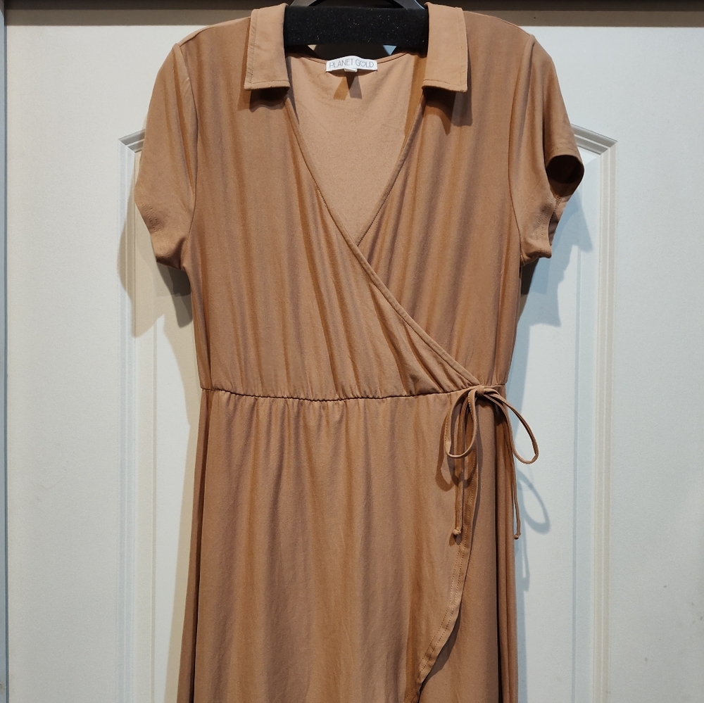 Planet Gold Tan Wrap Dress Short Sleeve Tie Front
